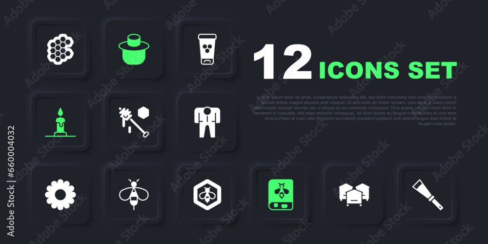 Set Hive for bees, Beekeeping knife, Honey dipper stick, Book about, Burning candle, Beekeeper with protect hat and honeycomb icon. Vector Set Hive for bees, Beekeeping knife, Honey dipper stick, Book about, Burning candle, Beekeeper with protect hat and honeycomb icon. Vector