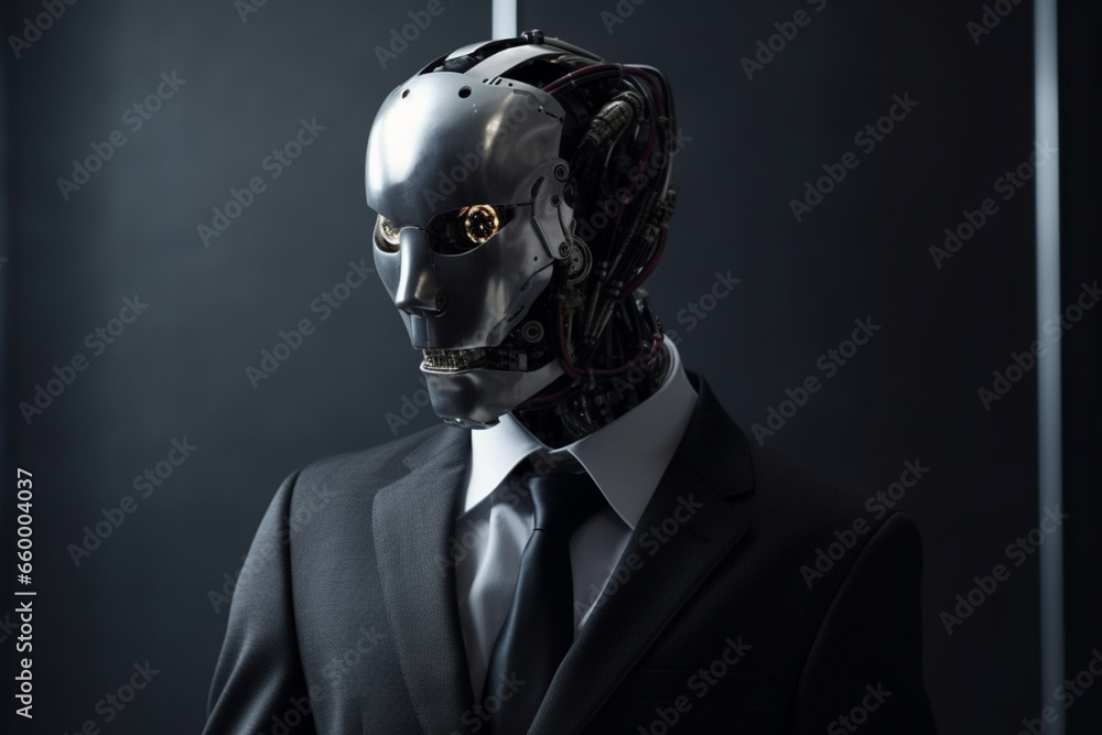 Explore the fusion of business and technology in this creative concept, featuring a suited man working with a robotic face. Working like a robot concept. Ai generated Explore the fusion of business and technology in this creative concept, featuring a suited man working with a robotic face. Working like a robot concept. Ai generated