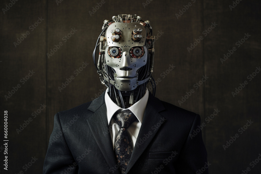 Explore the fusion of business and technology in this creative concept, featuring a suited man working with a robotic face. Working like a robot concept. Ai generated Explore the fusion of business and technology in this creative concept, featuring a suited man working with a robotic face. Working like a robot concept. Ai generated