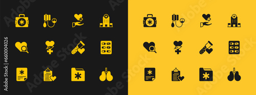 Set Hospital building, Patient record, Test tube with blood, Medical health folder, Ethnoscience, Heart cross, First aid kit and Blood pressure icon. Vector