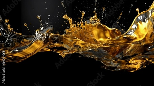 real gold liquid splashes black and smoky background.Generative AI