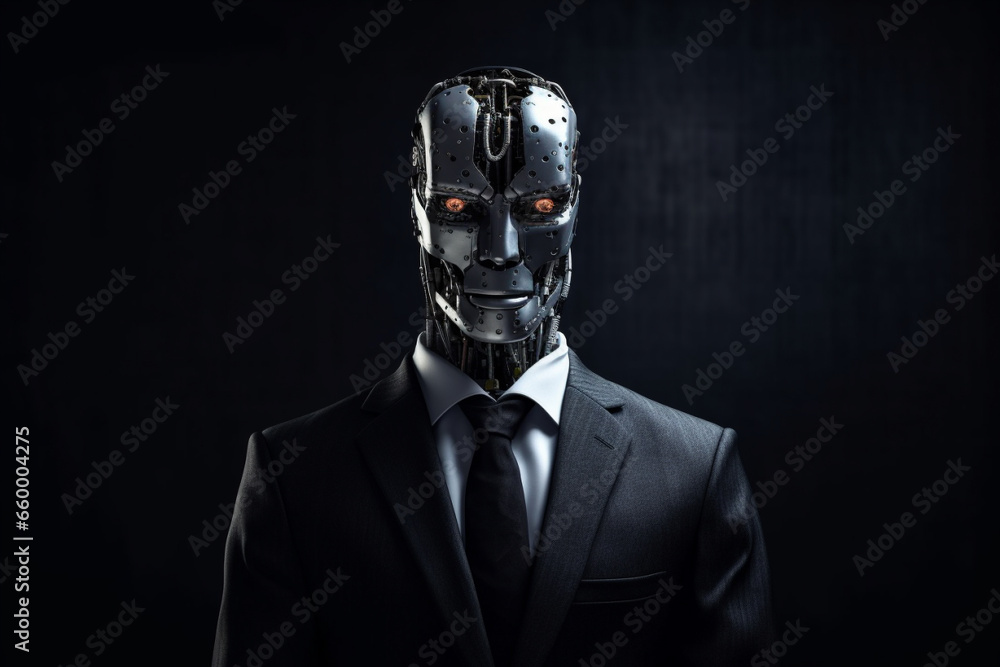 Explore the fusion of business and technology in this creative concept, featuring a suited man working with a robotic face. Working like a robot concept. Ai generated Explore the fusion of business and technology in this creative concept, featuring a suited man working with a robotic face. Working like a robot concept. Ai generated