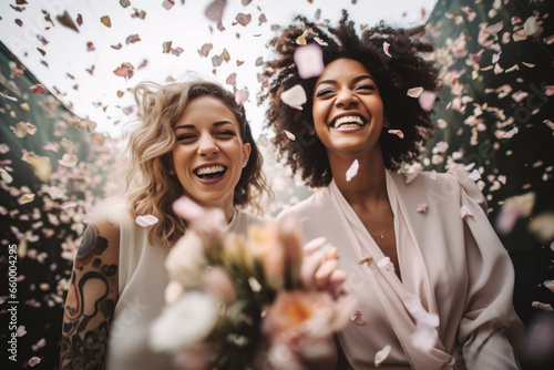 Portrait of a happy smiling lesbian couple celebrating their wedding with lots of confetti flying around them. Diversity, sexual equality, and same-sex marriage concept photo