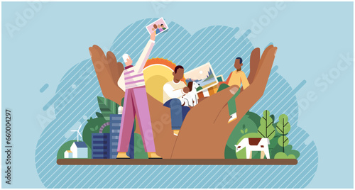 Wellbeing metaphor. Vector illustration. Human care, bedrock of caring work culture Wellbeing at work, gateway to employee satisfaction Support of professional growth, buoyant force behind career