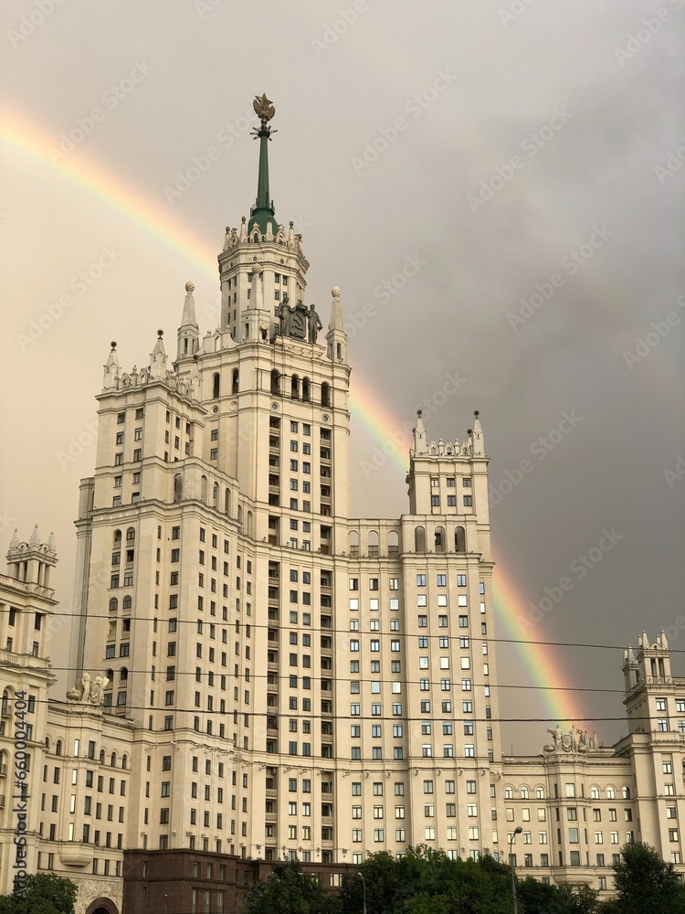 Rainbow behind the building in Moscow