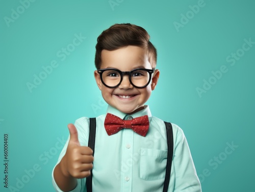 kid boy with round glasses thumb up