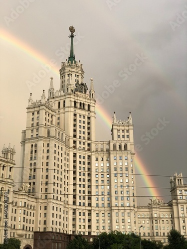 Rainbow behind the building in Moscow