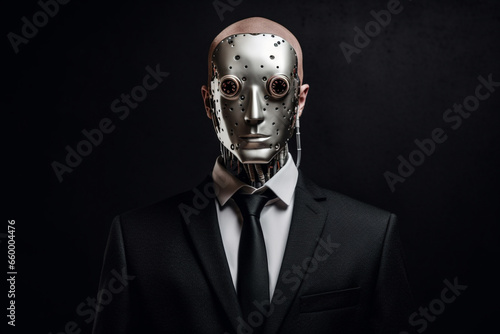Explore the fusion of business and technology in this creative concept, featuring a suited man working with a robotic face. Working like a robot concept. Ai generated © dragomirescu