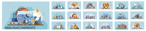 Industrial pollution. Dirty waste. Environmental pollution. Vector illustration. Smokes with smog are affecting visibility on roads Trash emission is contributing to destruction natural habitats
