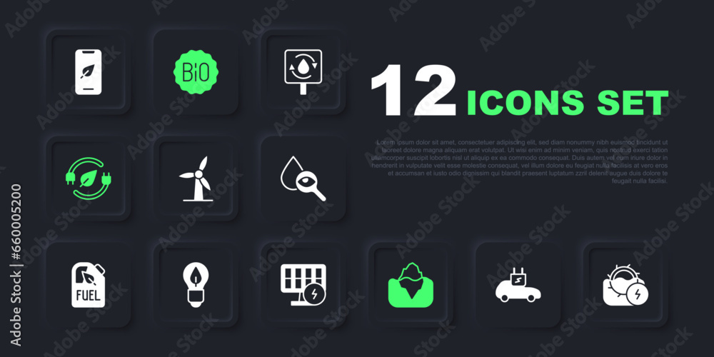 Set Electric car, Water mill, Wind turbine, Iceberg, saving plug leaf, Light bulb with, Banner for bio and Solar energy panel icon. Vector Set Electric car, Water mill, Wind turbine, Iceberg, saving plug leaf, Light bulb with, Banner for bio and Solar energy panel icon. Vector