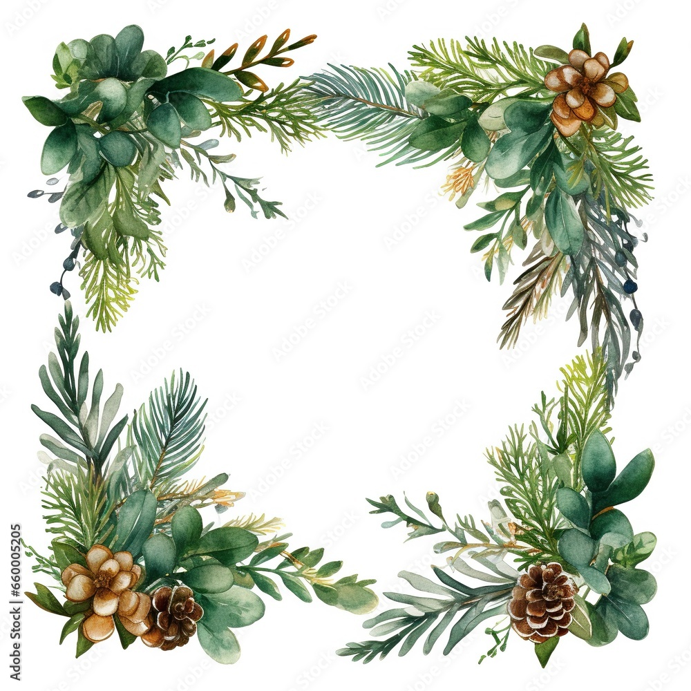 Fototapeta premium Watercolor fir tree branches frame on white background.