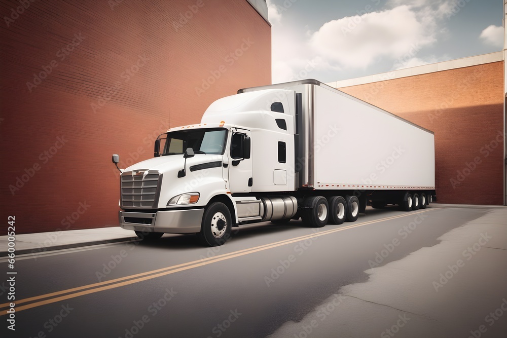 A Semi truck is loading at the warehouse, standing for loading. Semi truck shipping commercial cargo in refrigerated semi trailer. Truck is driving fast with a blurry environment. Cargo transportation A Semi truck is loading at the warehouse, standing for loading. Semi truck shipping commercial cargo in refrigerated semi trailer. Truck is driving fast with a blurry environment. Cargo transportation
