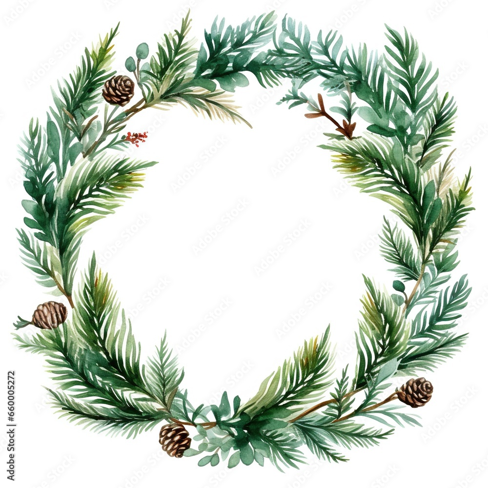 Watercolor fir tree branches frame on white background.