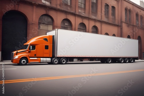 A Semi truck is loading at the warehouse, standing for loading. Semi truck shipping commercial cargo in refrigerated semi trailer. Truck is driving fast with a blurry environment. Cargo transportation
