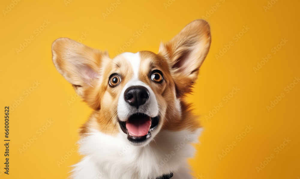 Delightful corgi dog on a vibrant yellow background.