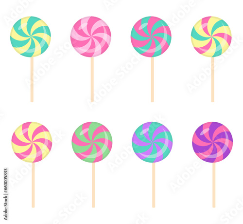 Set of lollipops.Colorful pastel collection of candy.Sweets confection cute vector illustration.For Christmas new year and all occasion.