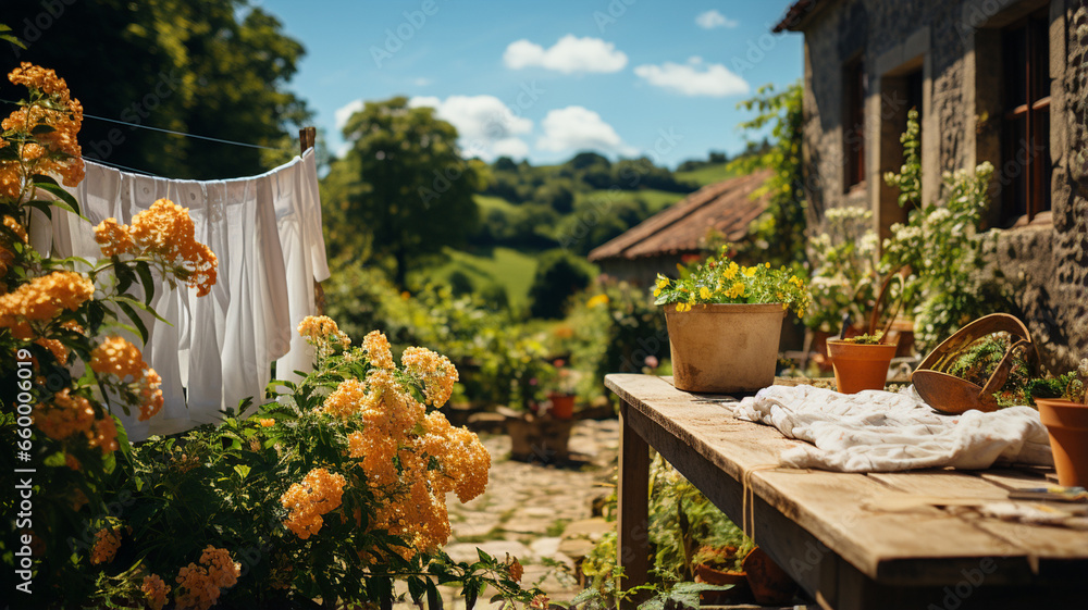 old wooden balcony, with white flowers