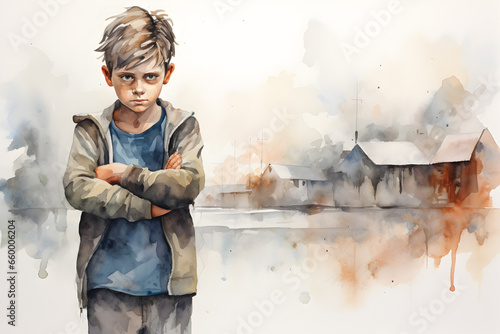 Abstract watercolour image of Oppositional Defiant Disorder (ODD) A child with crossed arms and a defiant expression