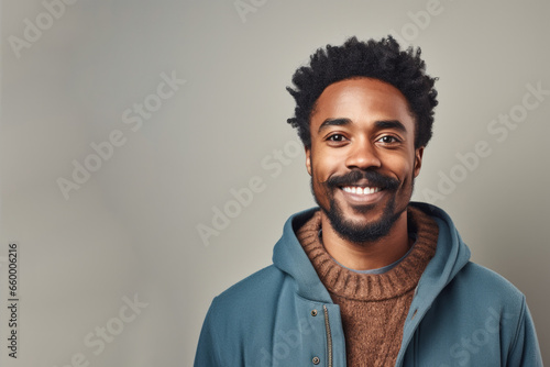 Portrait of an african american black smiling man with moustache in support of men's health and movember global community, dressed in casual, copy space