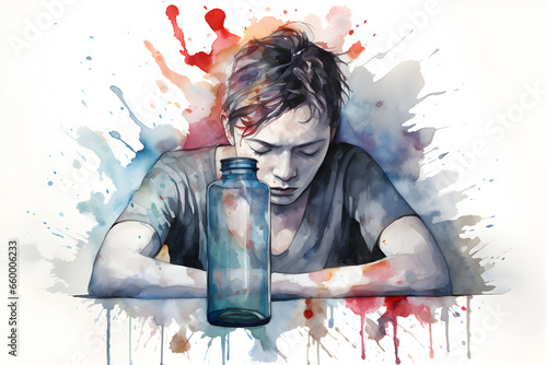 Abstract watercolour image of Substance Use Disorders A person trapped within a bottle pill bottle or syringe symbolizing addiction. photo