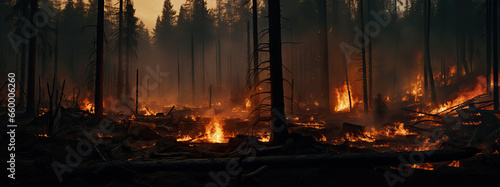 Devastation and Regrowth: A Fiery Forest's Tale, forest filled with lots of trees and flames, panorama banner 
