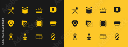Set Leather, Scissors, Sewing button for clothes, Needle sewing, Layers clothing textile, bed and needles, Electric iron ironing board and Knitting icon. Vector