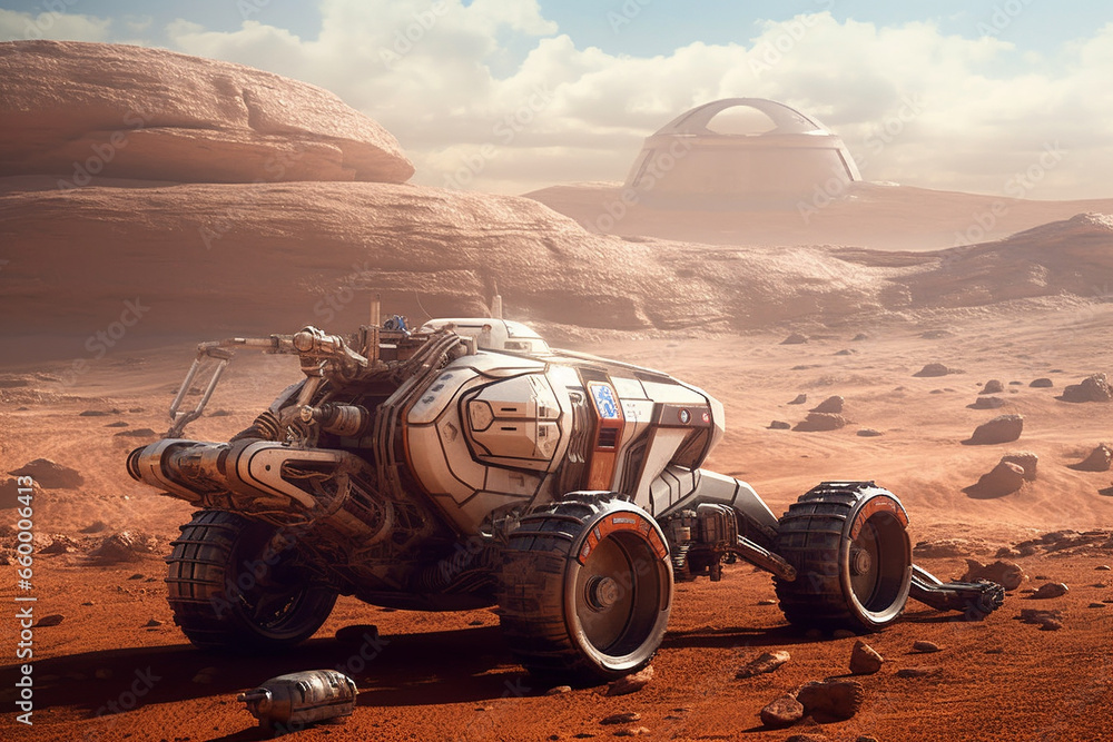 Witness the future with a high tech  rover car venturing across the desolate landscapes of Mars or a distant celestial planet. Ai generated