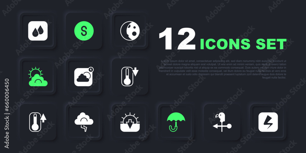 Set Rooster weather vane, Lightning bolt, Weather forecast app, Umbrella, Sun and cloud, Cloud lightning, Compass south and Sunset icon. Vector Set Rooster weather vane, Lightning bolt, Weather forecast app, Umbrella, Sun and cloud, Cloud lightning, Compass south and Sunset icon. Vector