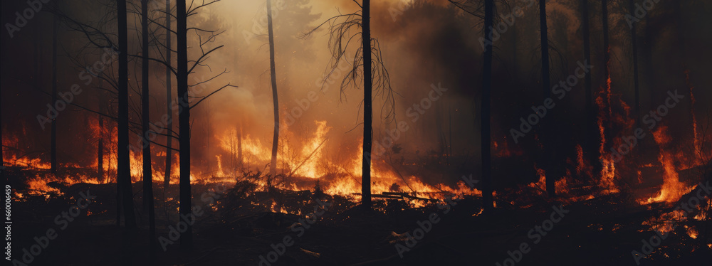 fire forest wallpaper, global disaster with fire forest, dark atmosphere in contrast with the bright color of the fire, panoramic banner 