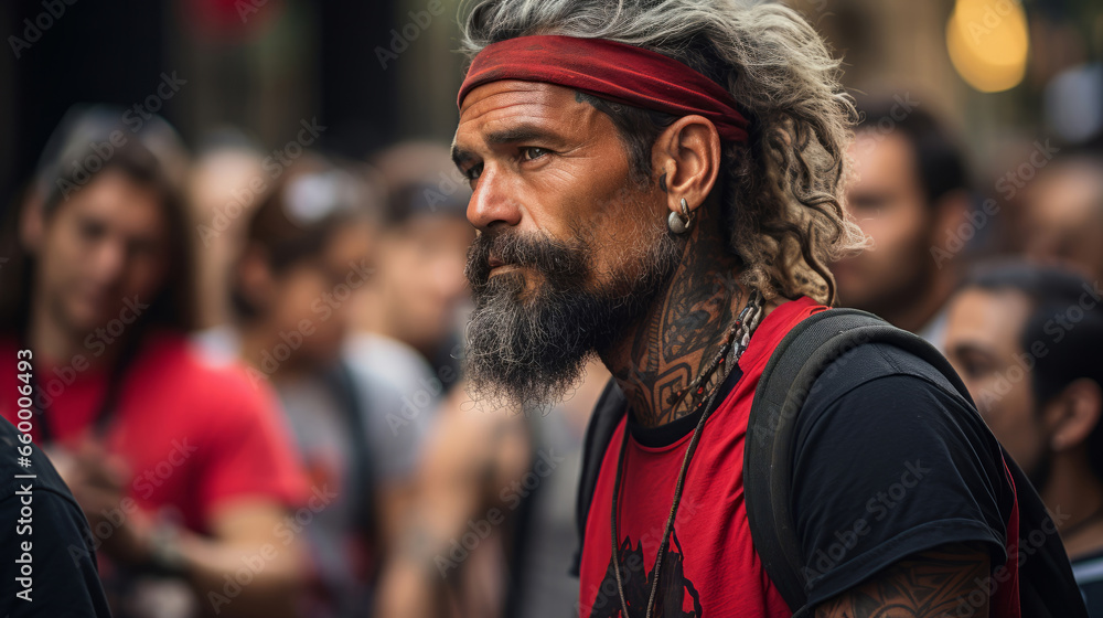 Portrait of senior, tattooed man in street. Alternative lifestyle concept.