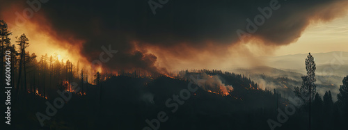 sky filled with smoke from a forest fire, treetops barely visible, orange sun through black smoke, wallpaper  photo