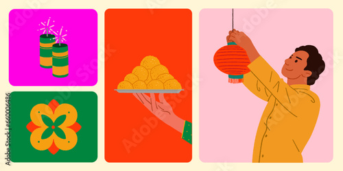 Indian Man in Traditional Dressing, Celebrating Diwali Festival with Indian Culture Elements Vector Illustration for digital banner, gift card, social media post, and poster design template.  