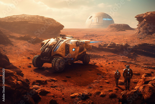 Witness the future with a high tech  rover car venturing across the desolate landscapes of Mars or a distant celestial planet. Ai generated © dragomirescu