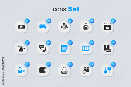 Set Carton cardboard box, Telephone 24 hours support, Discount percent tag, Buyer, Tax, Sold, Stacks paper money cash and Wish list template icon. Vector