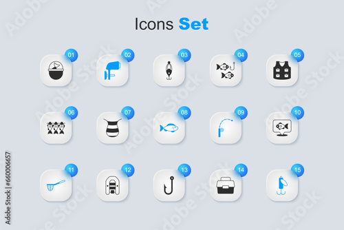 Set Case or box for fishing, Fishing net, Outboard boat motor, lure, Location, bucket with and icon. Vector