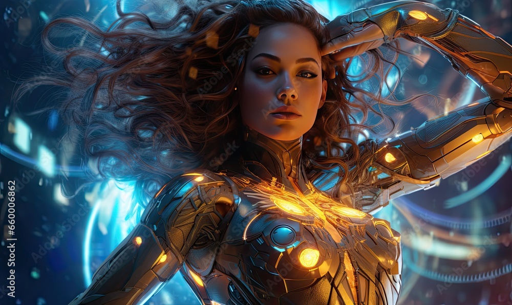 Photo of a futuristic woman with a unique hairstyle and suit Photo of a futuristic woman with a unique hairstyle and suit