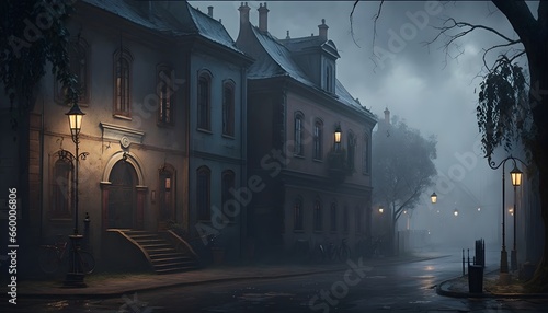 The dreary and foggy streets of the town of Vallaki 