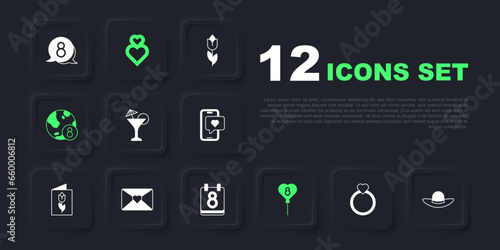 Set Diamond engagement ring, Elegant women hat, Martini glass, Balloons with 8 March, International Women Day, Envelope, Heart and Calendar icon. Vector