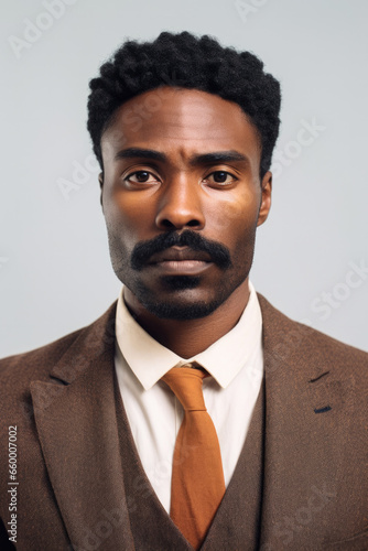 Portrait of an african american black man with moustache in support of men's health and movember global community, dressed in suit © Galina Perevozova