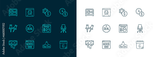 Set line Time is money, Monitor with dollar, Pie chart infographic, From 9 5 job, Deal, Gear symbol, Safe and Telephone 24 hours support icon. Vector