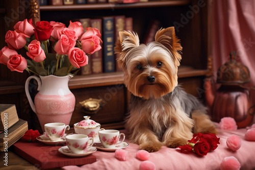 Adorable Yorkshire Terrier Dog Celebrating Valentine's Day © ELmidoi-AI