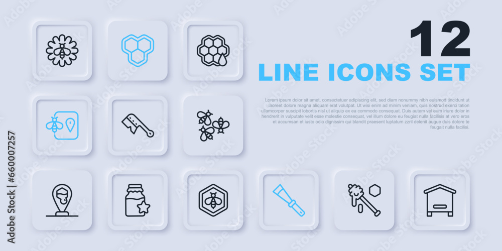 Set line Honey dipper stick, Hive for bees, Beekeeping brush, knife, location, Jar of honey, Honeycomb and and honeycomb icon. Vector