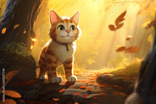 Cute cat is hiking in the forest trails at sunny daytime