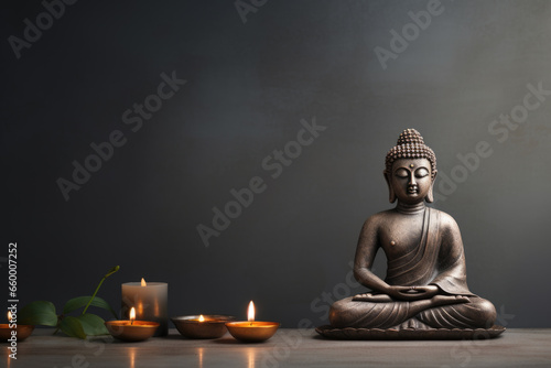 Buddha statue in lotus pose at grey background with copy space