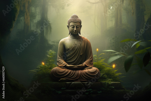 Buddha statue in forest  environment in lotus pose © Jasmina