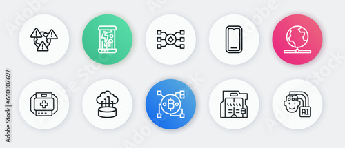Set line Blockchain technology Bitcoin, Global, First aid kit, Futuristic sliding doors, Mobile phone, Neural network, Humanoid robot and Network cloud connection icon. Vector