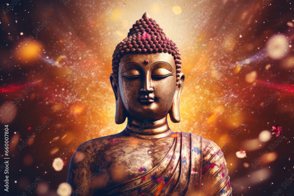 Buddha statue with  universe in background 