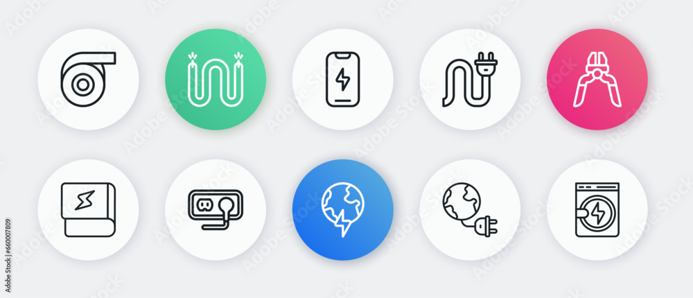 Set line Global planet with thunderbolt, Pliers tool, Book about electricity, energy plug, Electric, Mobile phone, Washer and Electrical outlet icon. Vector Set line Global planet with thunderbolt, Pliers tool, Book about electricity, energy plug, Electric, Mobile phone, Washer and Electrical outlet icon. Vector