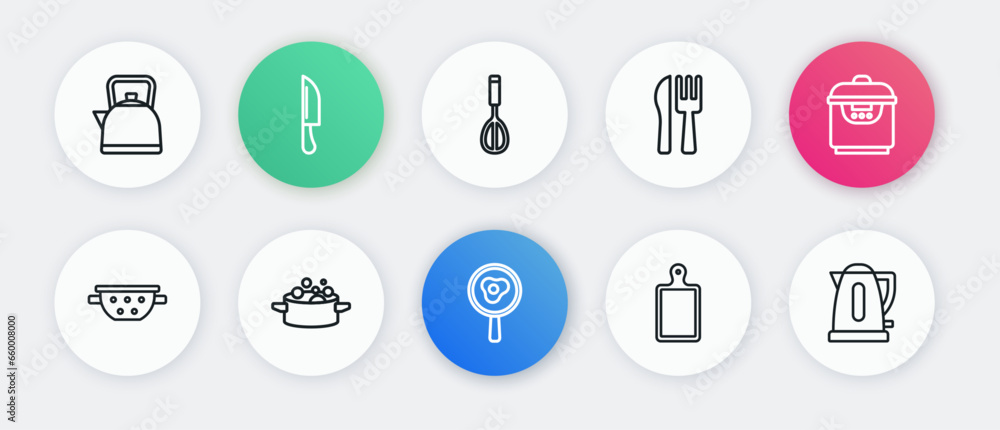 Set line Fried eggs on frying pan, Slow cooker, Kitchen colander, Cutting board, Crossed knife fork, whisk, Electric kettle and Cooking pot icon. Vector Set line Fried eggs on frying pan, Slow cooker, Kitchen colander, Cutting board, Crossed knife fork, whisk, Electric kettle and Cooking pot icon. Vector