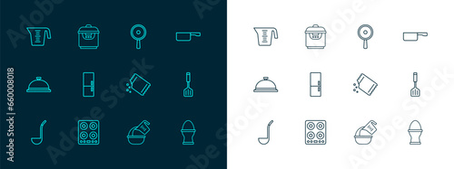 Set line Frying pan, Gas stove, Packet of pepper, Measuring cup and bowl, Refrigerator, and Slow cooker icon. Vector